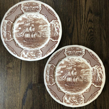 Vintage Meakin &amp;quot;Fair Winds&amp;quot; Dinner Plates - Friendship of Salem, brown transferware nautical plates, americana dinnerware 
