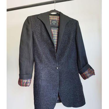 Jean Paul Gaultier 1990s Rare Bead Embellished Fitted Blazer in Black Linen with Snap Sleeves + Plaid Lining XS S JPG FEMME 