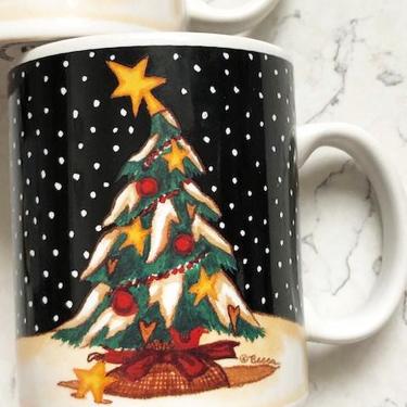 One Pair of Vintage Christmas MIDNIGHT Chistmas Tree with Lights 12 oz Mug Cup Becca Barton by LeChalet