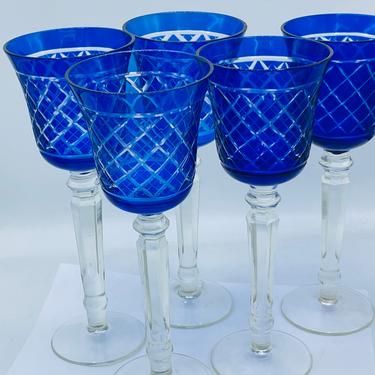 Vintage set of (5) Cut to Clear Crystal Wine Glasses Cobalt Blue Diamond Prism Clear stem  9 3/4