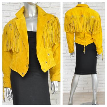 Vintage Yellow Suede Fringe Jacket Women’s Western Style Leather Glam Rock Jacket 