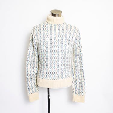 Vintage 1980s Turtleneck Sweater Blue Knit Wool Medium 