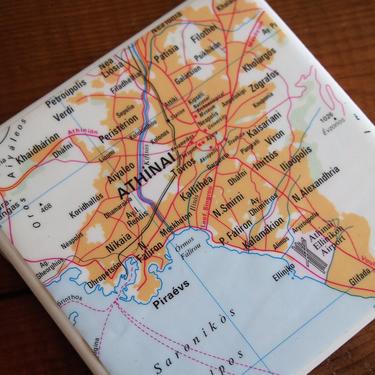 1992 Athens Greece Vintage Map Coaster - Ceramic Tile - Repurposed 1990s Oxford Atlas - Handmade - Europe - Greek Islands 
