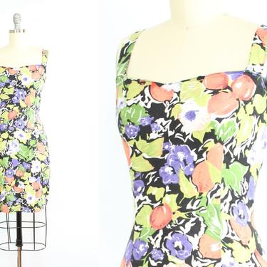 Vintage 90's Abstract Fruit Print Mini Dress / 1990's Fruits and Flowers Dress / Body Con Dress / Women's Size Medium 