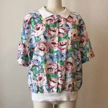 Oversized Floral Print Polo Shirt - 1980s 