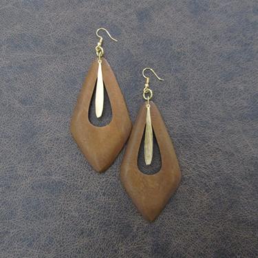 Large wood earrings, bold statement earrings, Afrocentric jewelry, African earrings, geometric earrings, brass mid century modern earrings 