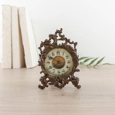 Small Ornate Cast Bronze Ansonia Clock, Antique Boudoir Clock, Ansonia Clock Company New York 