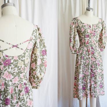 1980s Rose Print Day Dress by Eileen West | Vintage Floral Print Dress | Cross Back | approx. XS/ petite Small 