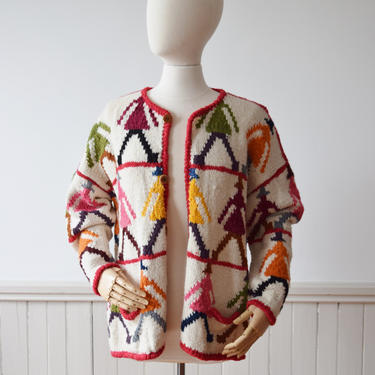 1990s Bolivian Knit Cardigan | Vintage Chunky Wool Cardigan | L 