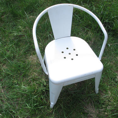 French Vintage Kids Metal Chair Childrens White Tolix Style Arm Chair Industrial Metal Childs chair Mid Century Modern White MCM Chair 