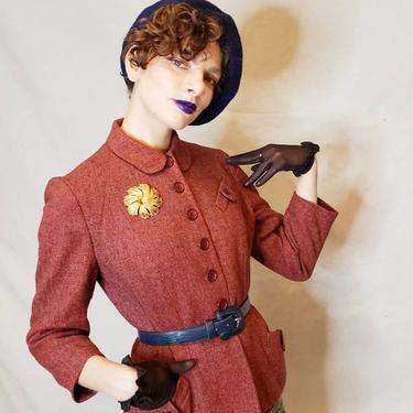 1940s Rust Red Wool Blazer / 40s Fitted Blazer with Pockets in Brick Red Wool Tweed / Suitmaker Handmacher / Medium 