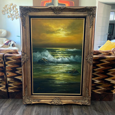 Huge Vibrant Vintage Signed & Framed Ocean Painting Seascape 