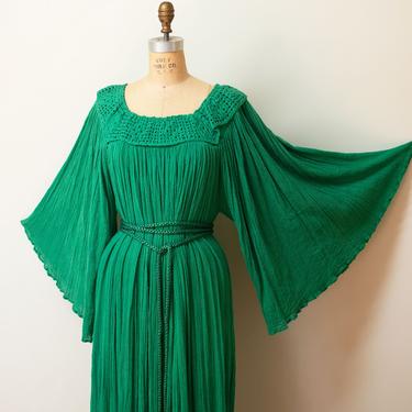 1970s Green Gauze Angel Sleeve Dress 
