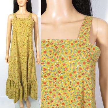 Vintage 60s/70s Floral Cotton Boho Hippie Ruffle Maxi Dress Size S 