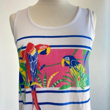 Vintage 70's 80's Tropical PARROT T-Shirt Tank / Unworn / Beach Wear / Jane Colby / S 