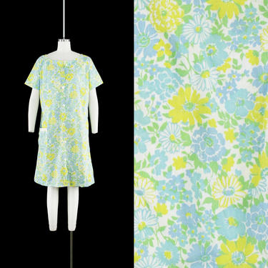 Vintage 1960's Button Front Dress - Daisy Print - Cotton - Blue Yellow Green - Floral Pattern - Hippie Boho - Short Sleeve - Large 