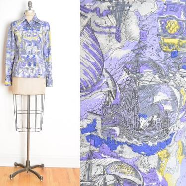 vintage 70s blouse disco shirt ship boat novelty print top purple pointy collar clothing S 