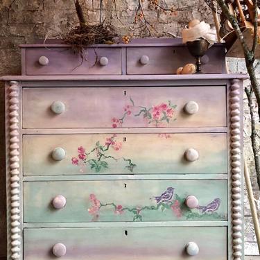 Antique Dresser - Rustic Farmhouse Dresser - Painted Vintage Dresser - Green Lavender Purple - Birds - Rustic Cottage  Dresser 