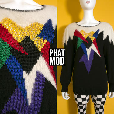 Super Wow Vintage 80s Rainbow Colorburst Black &amp; White Fuzzy Sweater 