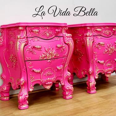 Pair of Rococo Chests, Bombe Chests, Side Tables, Nightstands, End Tables, Hot Pink, Hand Painted 
