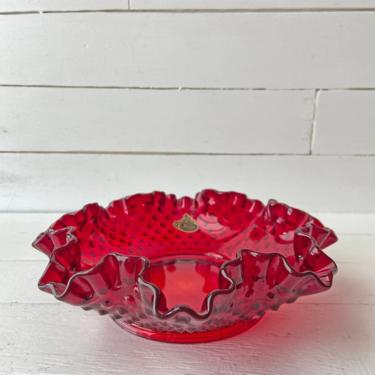 Vintage Ruby Red Hobnail Ruffle Edge, Ribbon Bowl // Christmas Bowl, Candy Dish, Servingware // Fenton Art Glass Bon Bon Dish // Gift 