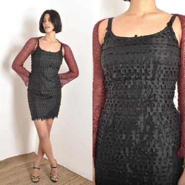 Vintage 1990s Dress / 90s Textured Silk LBD / Black ( S M ) 