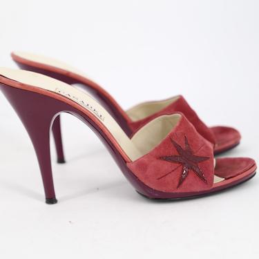 70s suede star spike heels mules sz 8 / vintage 1970s raspberry applique disco pumps 