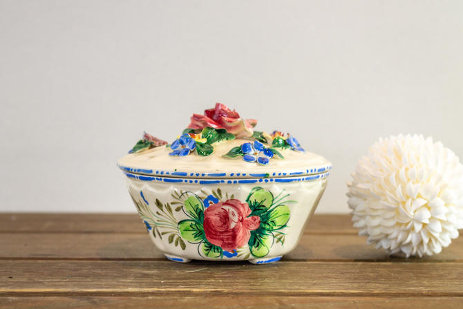 Capodomonte Style Floral Lidded Bowl Vintage Hand Painted Porcelain Box