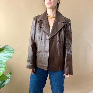 Vintage Brown Leather Double Breasted Blazer Jacket, Size Large 