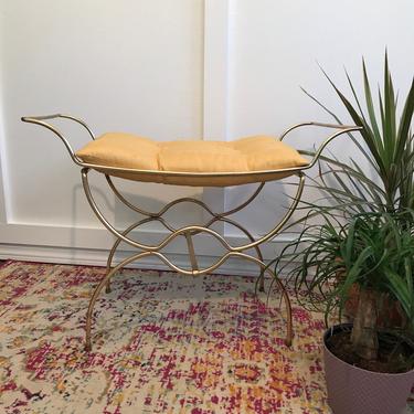Vanity Seat Stool, 1960s Vanity Stool, Metal seat, tufted gold and brass stool 