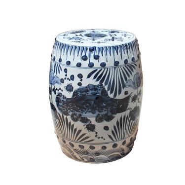 Chinese Blue &amp; White Porcelain Round Fishes Theme Stool cs5285S