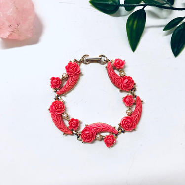 Vintage Rose Bracelet, Gold Toned Bracelet, Costume Jewelry, Coral Rose Bracelet, Statement Jewelry, Rose Jewelry, Pink Bracelet, Colorful 