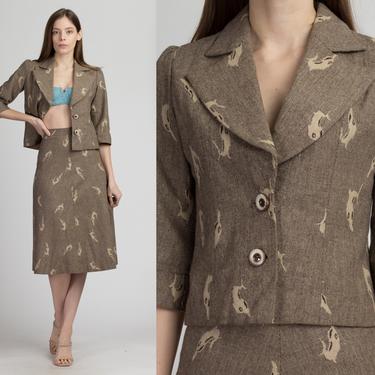 50s 60s Dolphin Print Blazer & Skirt Set - Extra Small | Vintage Tweed Button Up Novelty Matching Outfit 
