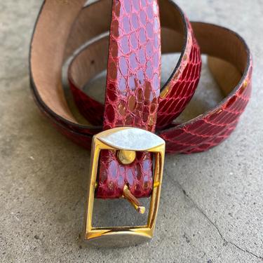 80’s 90’s  skinny Lucienne snakeskin belt~ red glossy shiny bright gold buckle~ rich red women’s vintage belts~ France size Medium 30” 