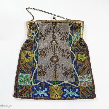 1900s Colorful Beaded Evening Bag | Deco Beaded Handbag | Rich Browns Blues Gray Micro Beads 