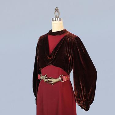 1930s Dress / 30s Wine Red Rayon and Liquid Silk Velvet / Bishop Sleeves 