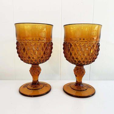 Vintage Set of Two Beautiful Amber Indiana Glass Diamond Point Large Crystal Goblet Stemware Cottage Farmhouse Shabby Chic Glasses Yellow 