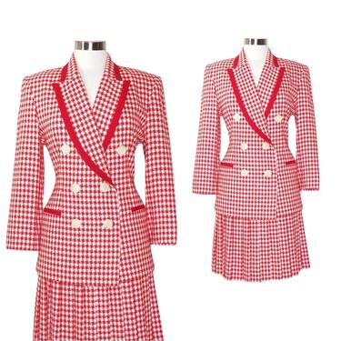 Vintage Red Plaid Skirt Suit, Small / Womens 80s Checkered Wool Suit / Pleated Skirt & Long Jacket / Festive Red White Gingham Cocktail Suit 