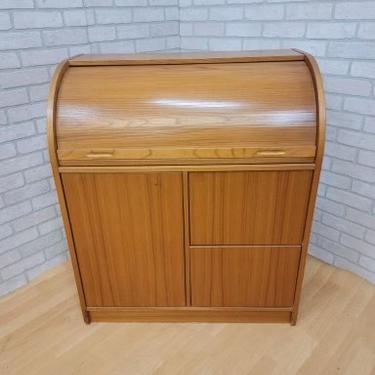Danish Mid Century Modern Teak Compact, Roll Top and Pull Out Desk Storage Cabinet