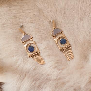 modern geometric gold bar dangle earrings with lapis and moonstone // minimalist precious stones long earrings 