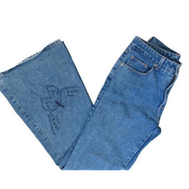 Vintage 90s Does 70s Denim Bell Bottoms With Butterfly Size 30 x 32 