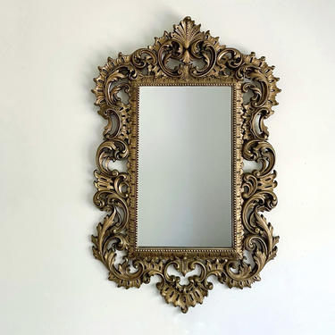 Vintage Ornate Gold Wall Mirror, Large Burwood Faux Wood Hanging Mirror, Hollywood Regency Gold Rectangular Scroll Mirror 