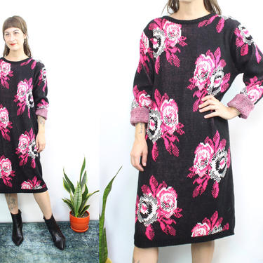 Vintage 80's Pink Rose Acrylic Knit Sweater Dress / 1980's Sweater Dress / Roses / Long Sleeve / Winter / Women's Size Large XL by Ru