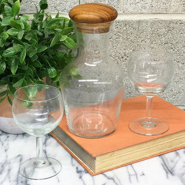 Vintage Decanter and Wine Glass Set Retro 1970s Goodwood + Clear Glass + Wine Bottle + Teak Wood Top + 2 Glasses + Bar and Kitchen Decor 