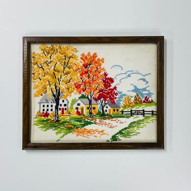 Vintage Cross Stitch / Wall Artwork / Landscape / Autumn / Wood Frame / Home Decor / FREE SHIPPING 