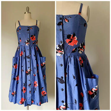 Vintage 1950s Style Dress • Sunrise • Periwinkle and Coral Floral Polished Cotton 80s Dress with Pockets Size Medium 