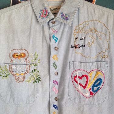 Vintage 70s 80s Heavily Hand Embroidered Cotton Denim Button Up Top Zodiac Leo Astrology Lion Love Owl Butterfly Flowers Colorful by InAFeverDream