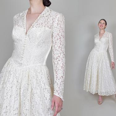 1950's Emma Domb Wedding Dress | 1950's Tea Length Wedding Dress | 1950s Lace Wedding Dress 