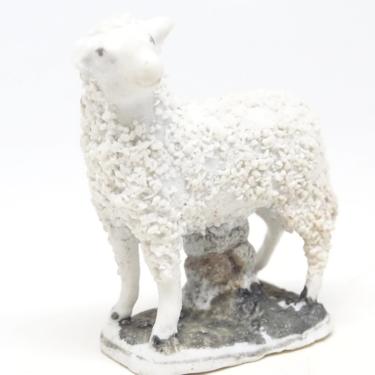 Antique English Staffordshire Lamb or Sheep, Hand Painted Bisque with Crushed Porcelain 