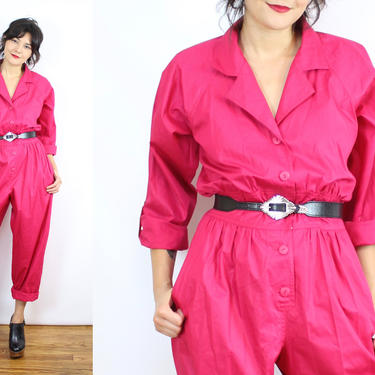 Vintage 80's Hot Pink Long Sleeve Jumpsuit / 1980's Jumpsuit with Pockets / Fall / Women's Size Medium 
